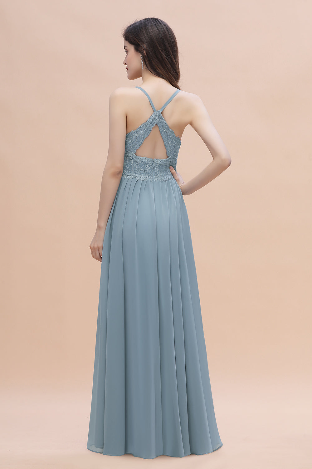 A-Line Ruched Bridesmaid Dress V-Neck Lace Chiffon Floor Length Evening Dress