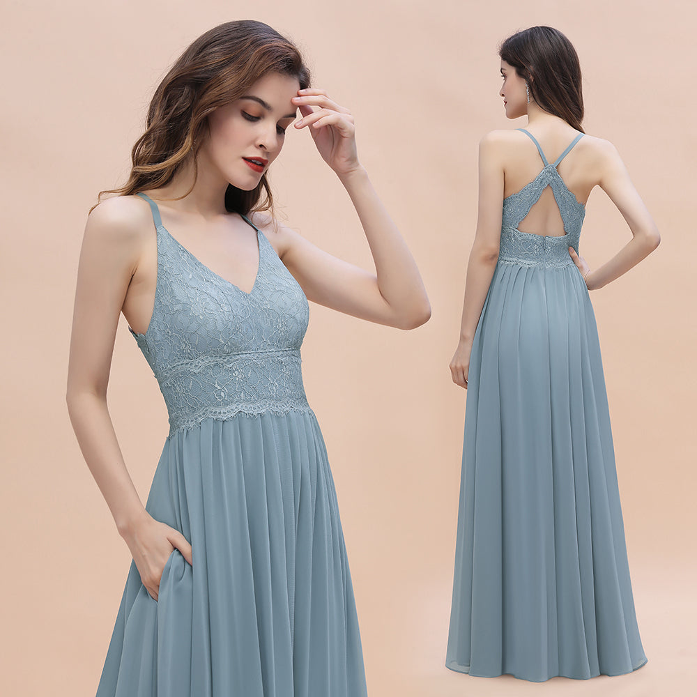 A-Line Ruched Bridesmaid Dress V-Neck Lace Chiffon Floor Length Evening Dress