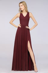 A-Line Satin Chiffon V-Neck Sleeveless Floor Length Bridesmaid Dress with Ruffles