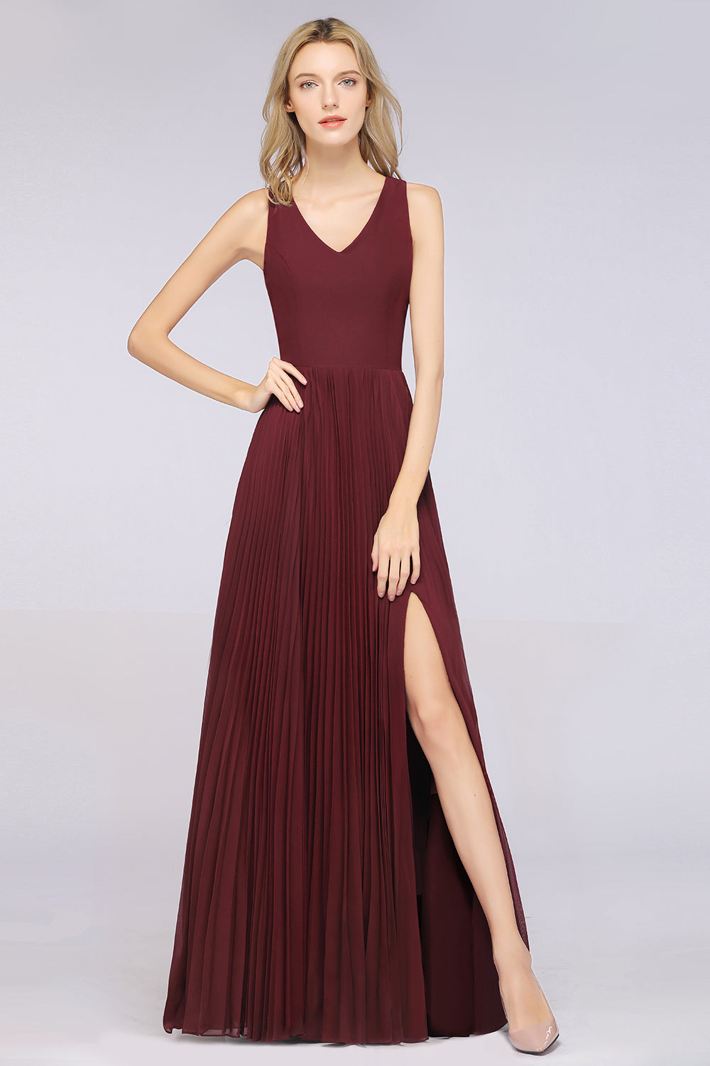 A-Line Satin Chiffon V-Neck Sleeveless Floor Length Bridesmaid Dress with Ruffles