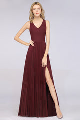 A-Line Satin Chiffon V-Neck Sleeveless Floor Length Bridesmaid Dress with Ruffles