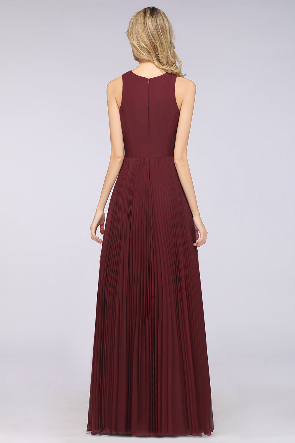 A-Line Satin Chiffon V-Neck Sleeveless Floor Length Bridesmaid Dress with Ruffles