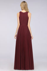 A-Line Satin Chiffon V-Neck Sleeveless Floor Length Bridesmaid Dress with Ruffles