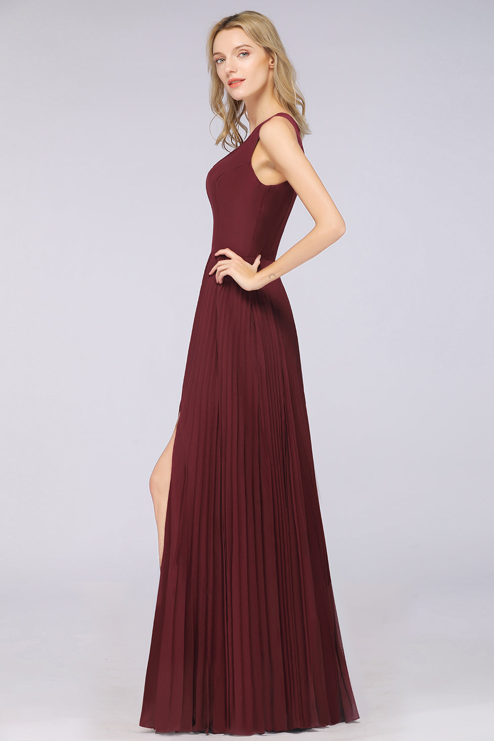 A-Line Satin Chiffon V-Neck Sleeveless Floor Length Bridesmaid Dress with Ruffles