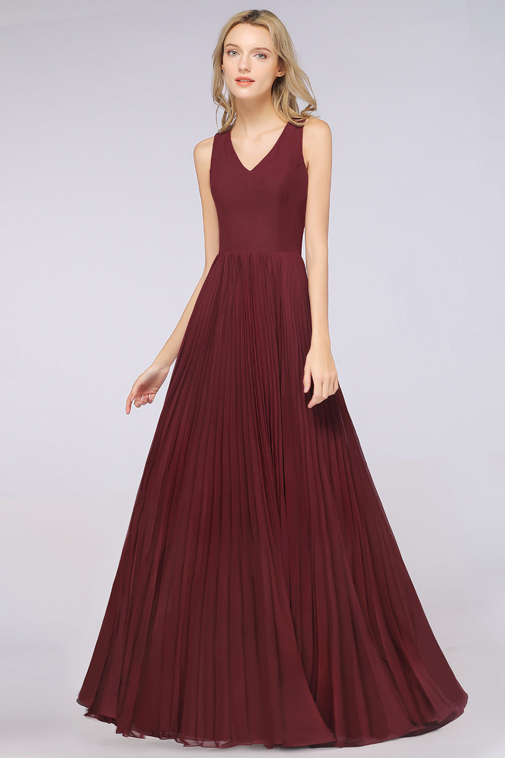 A-Line Satin Chiffon V-Neck Sleeveless Floor Length Bridesmaid Dress with Ruffles