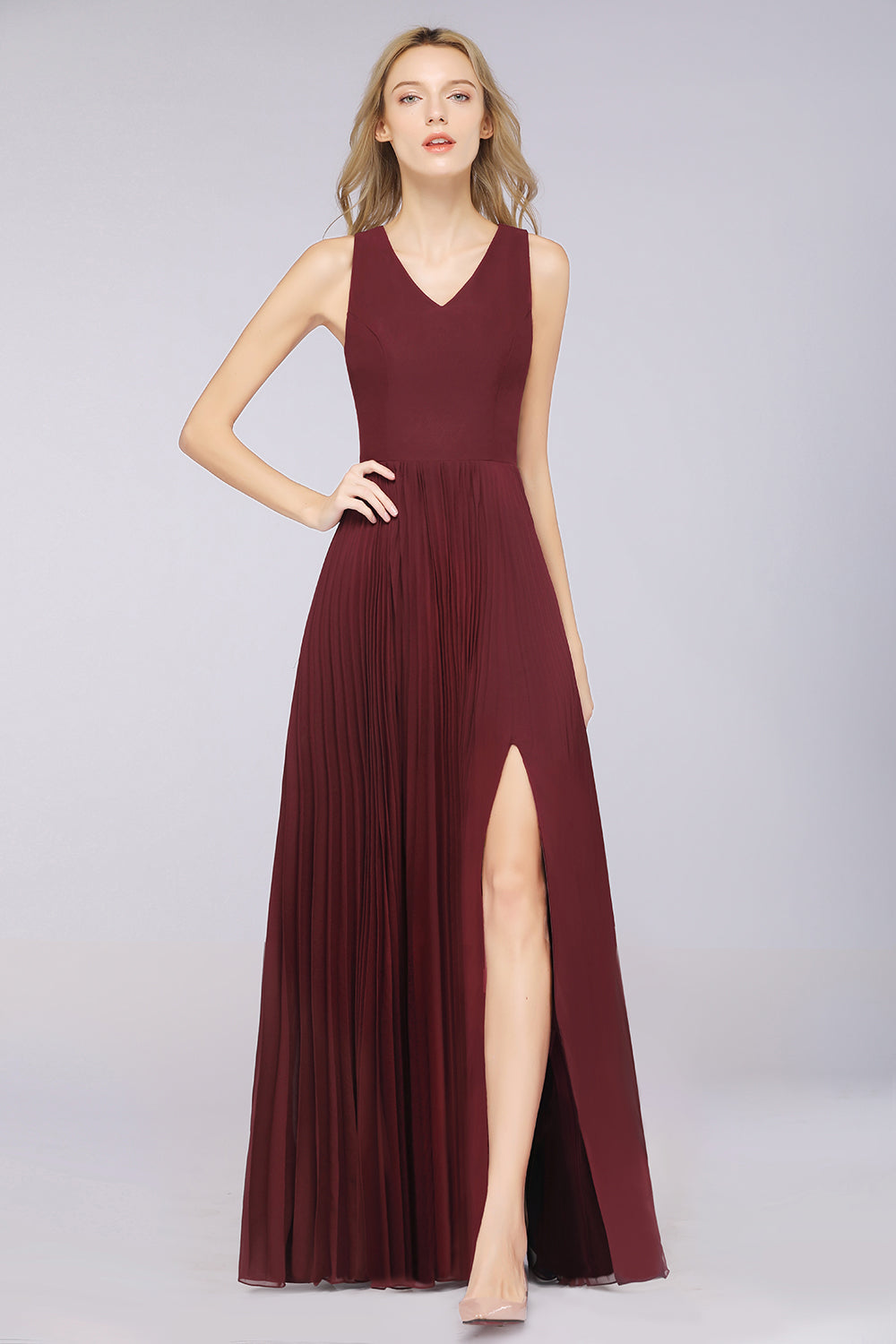 A-Line Satin Chiffon V-Neck Sleeveless Floor Length Bridesmaid Dress with Ruffles