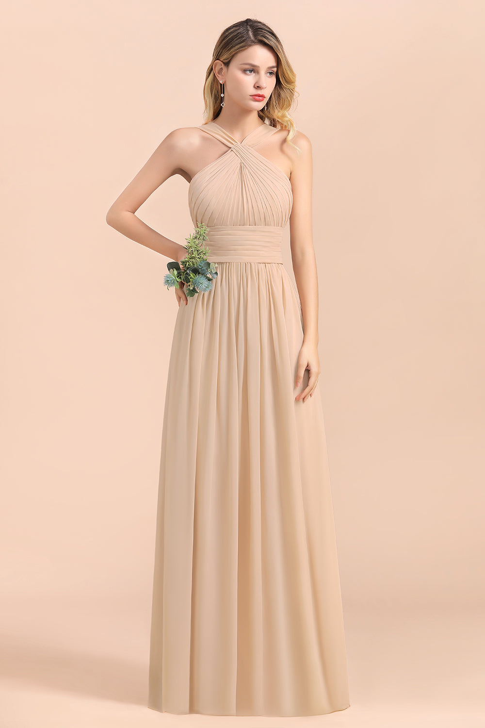 A-Line Sleeveless Chiffon Backless Floor Length Bridesmaid Dress With Ruched