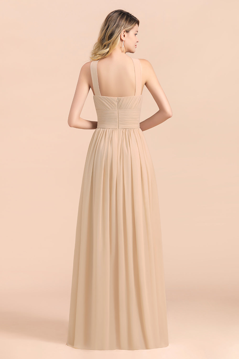 A-Line Sleeveless Chiffon Backless Floor Length Bridesmaid Dress With Ruched