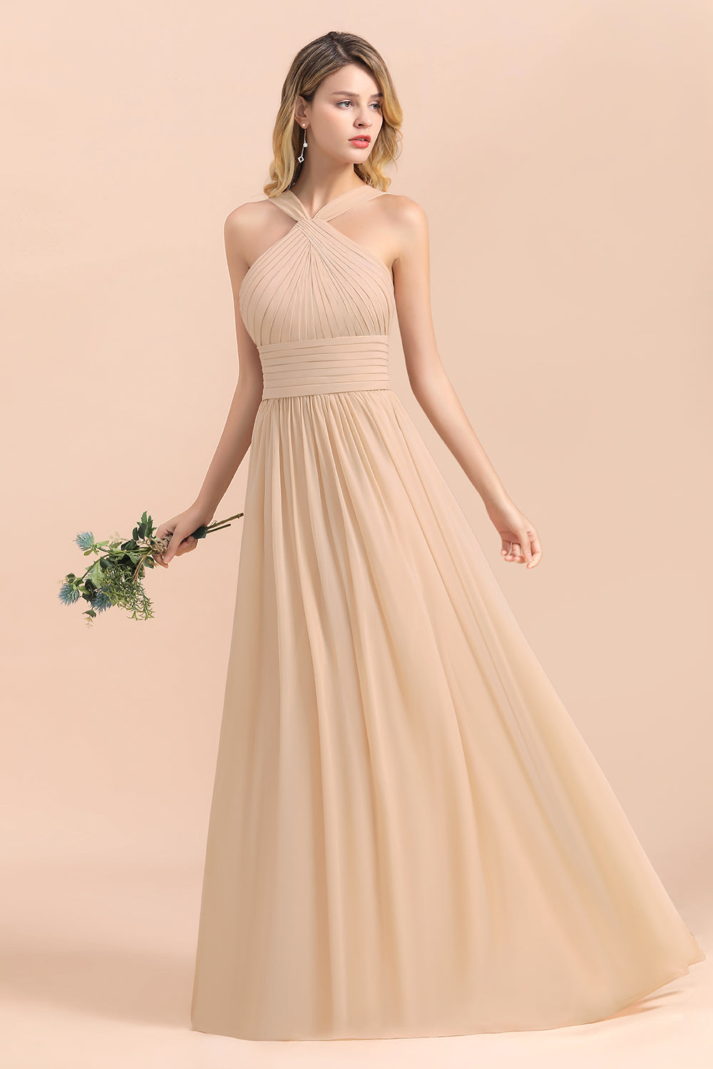 A-Line Sleeveless Chiffon Backless Floor Length Bridesmaid Dress With Ruched