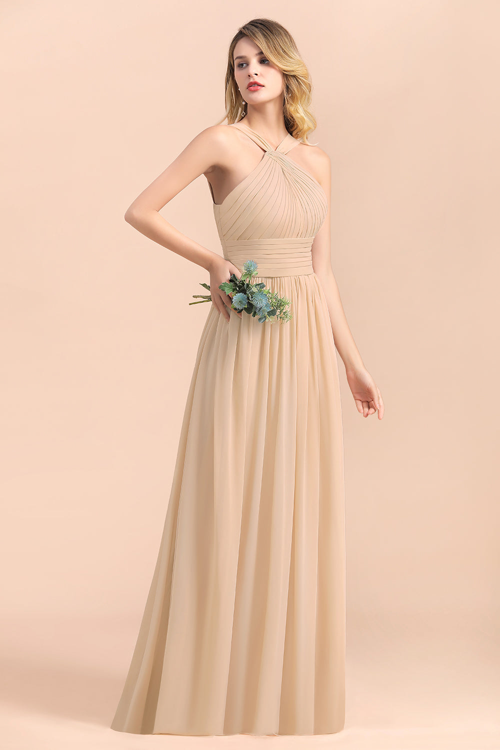A-Line Sleeveless Chiffon Backless Floor Length Bridesmaid Dress With Ruched