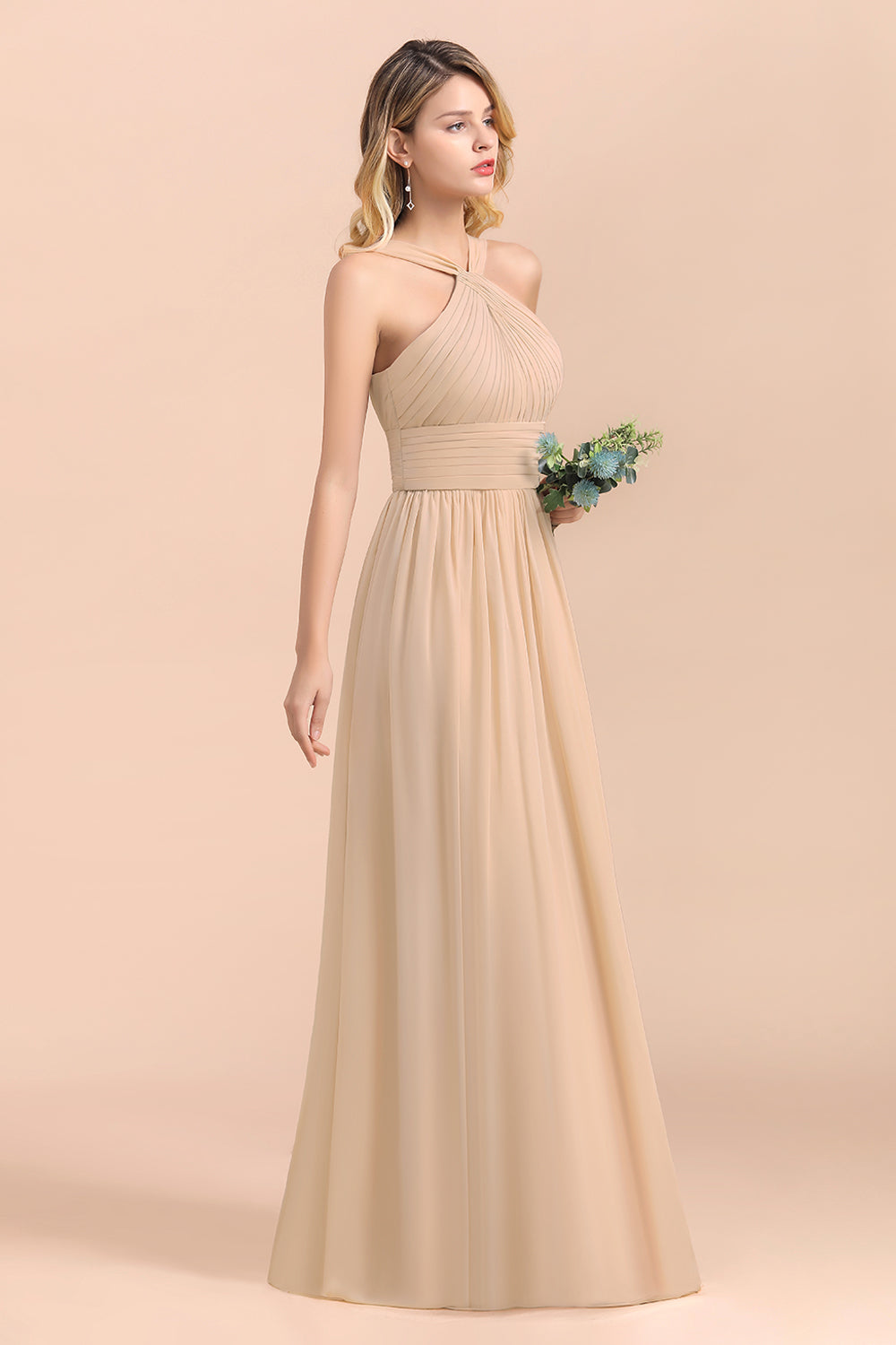 A-Line Sleeveless Chiffon Backless Floor Length Bridesmaid Dress With Ruched