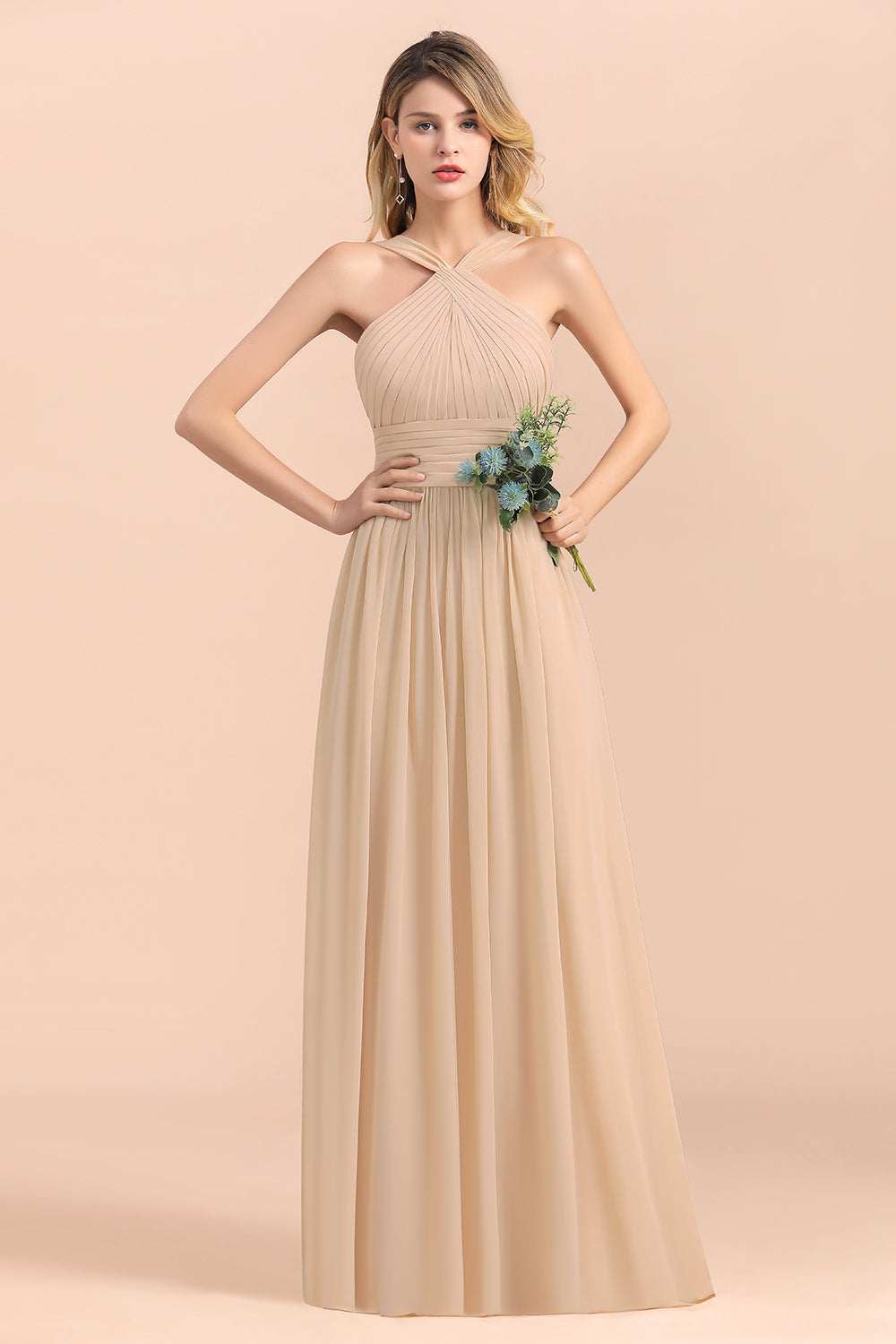 A-Line Sleeveless Chiffon Backless Floor Length Bridesmaid Dress With Ruched