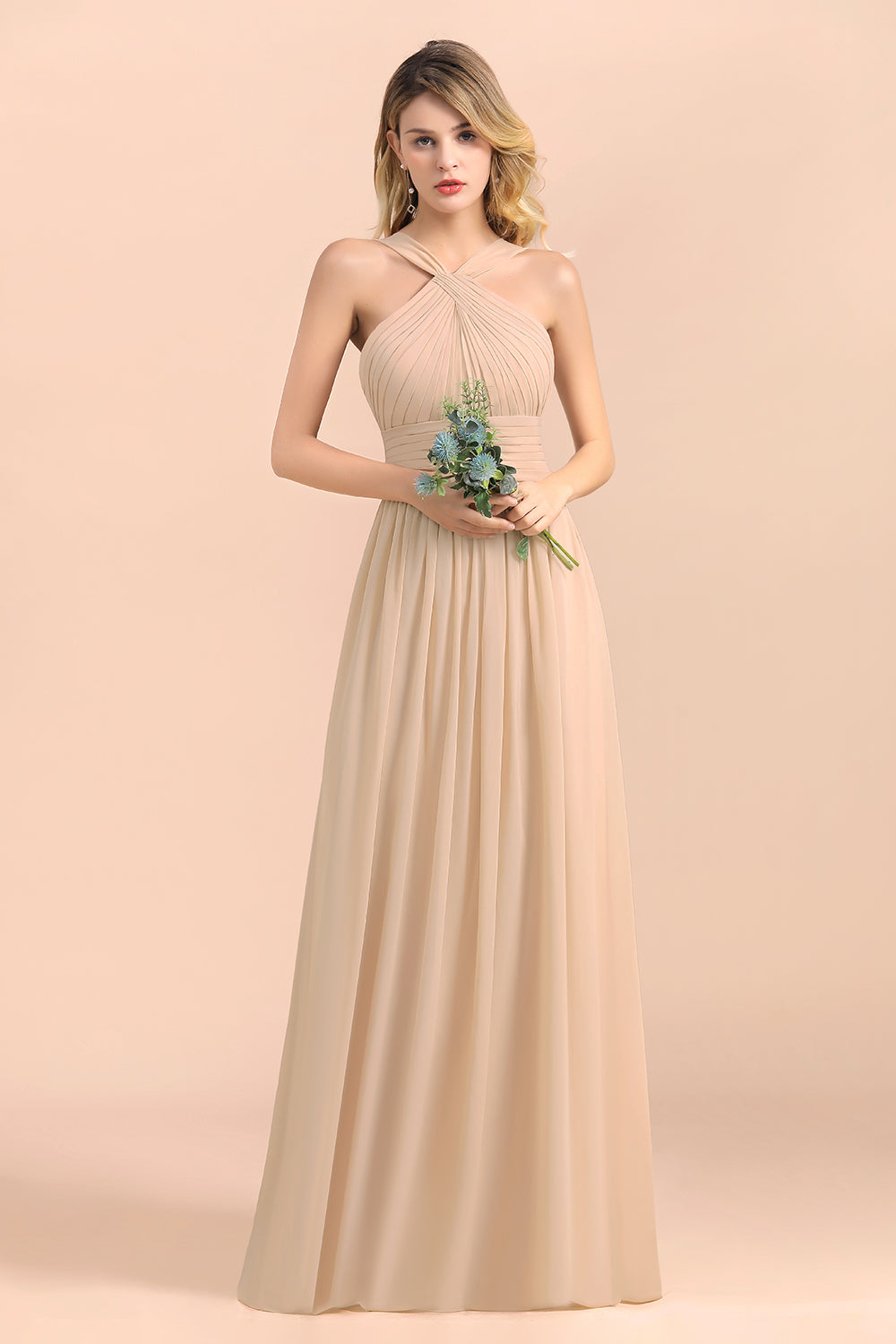 A-Line Sleeveless Chiffon Backless Floor Length Bridesmaid Dress With Ruched