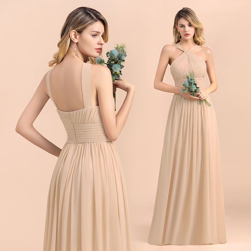A-Line Sleeveless Chiffon Backless Floor Length Bridesmaid Dress With Ruched