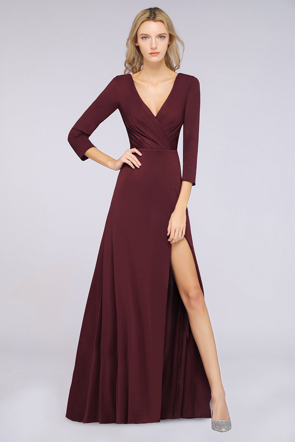 A-Line Spandex V-Neck Long-Sleeves Side-Slit Floor Length Bridesmaid Dress with Ruffles