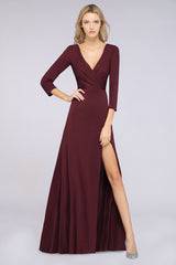 A-Line Spandex V-Neck Long-Sleeves Side-Slit Floor Length Bridesmaid Dress with Ruffles