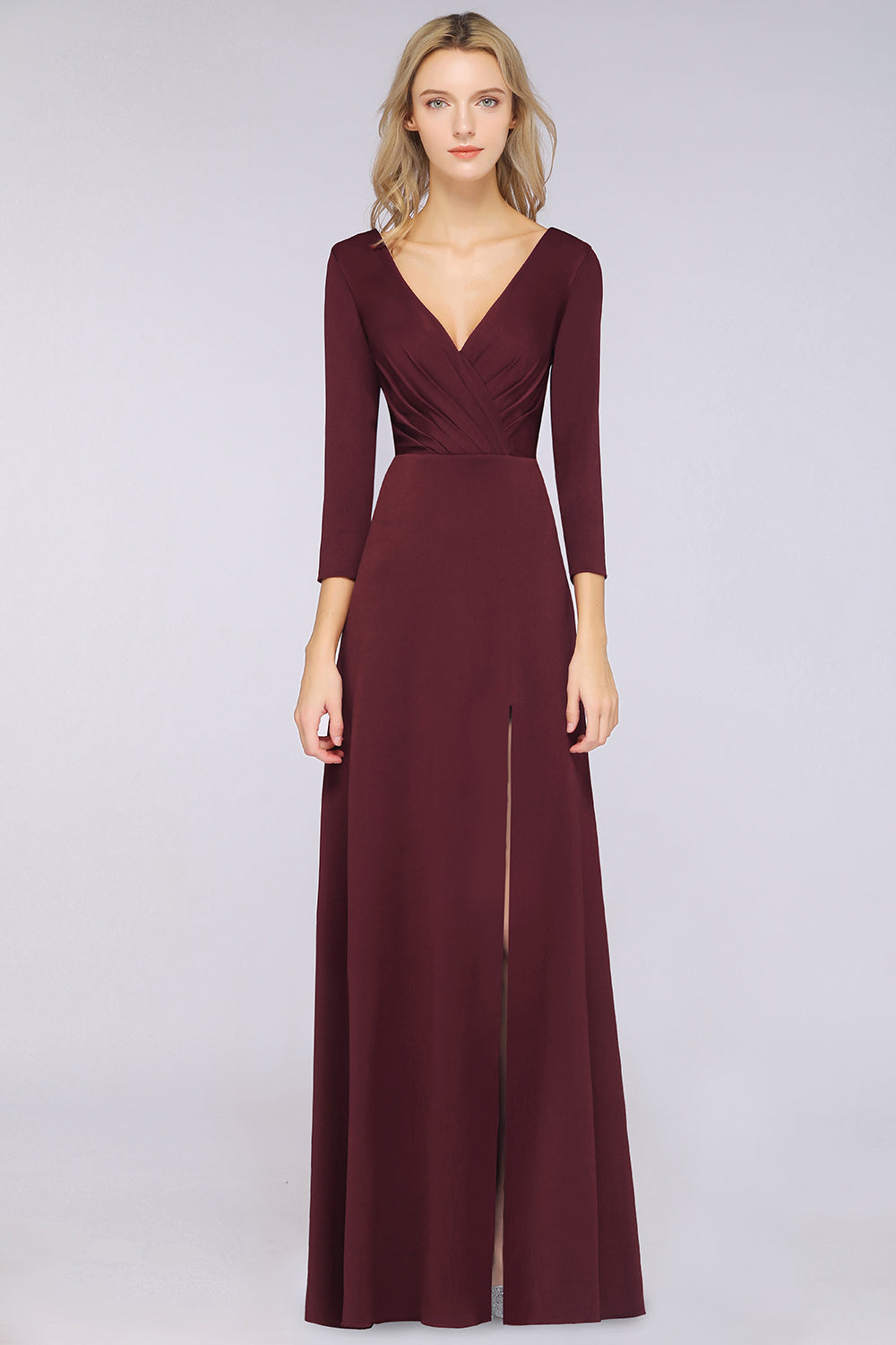 A-Line Spandex V-Neck Long-Sleeves Side-Slit Floor Length Bridesmaid Dress with Ruffles