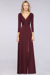 A-Line Spandex V-Neck Long-Sleeves Side-Slit Floor Length Bridesmaid Dress with Ruffles