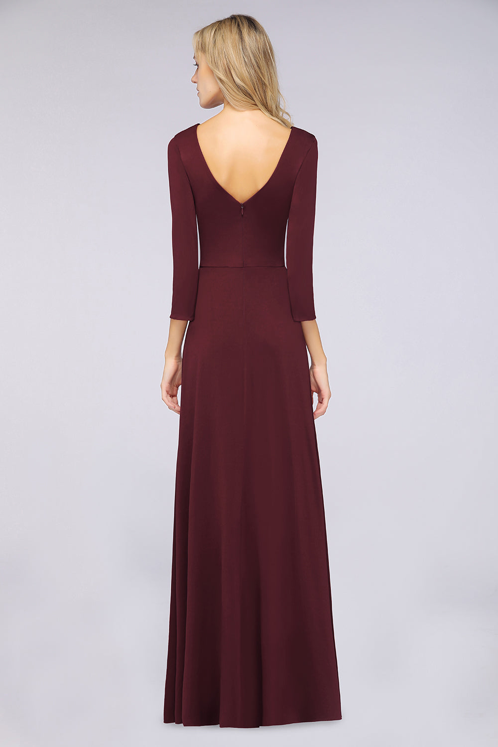 A-Line Spandex V-Neck Long-Sleeves Side-Slit Floor Length Bridesmaid Dress with Ruffles