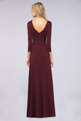 A-Line Spandex V-Neck Long-Sleeves Side-Slit Floor Length Bridesmaid Dress with Ruffles