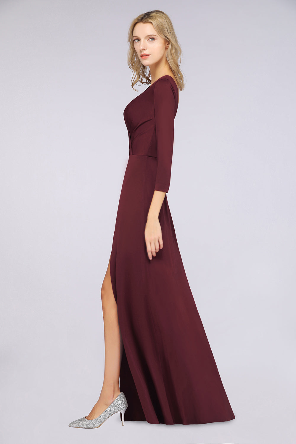 A-Line Spandex V-Neck Long-Sleeves Side-Slit Floor Length Bridesmaid Dress with Ruffles