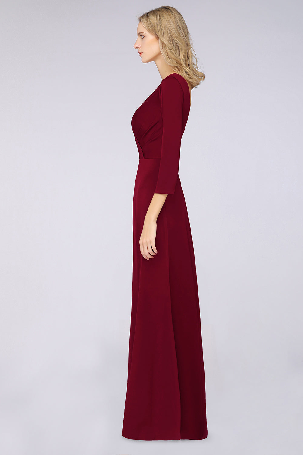 A-Line Spandex V-Neck Long-Sleeves Side-Slit Floor Length Bridesmaid Dress with Ruffles