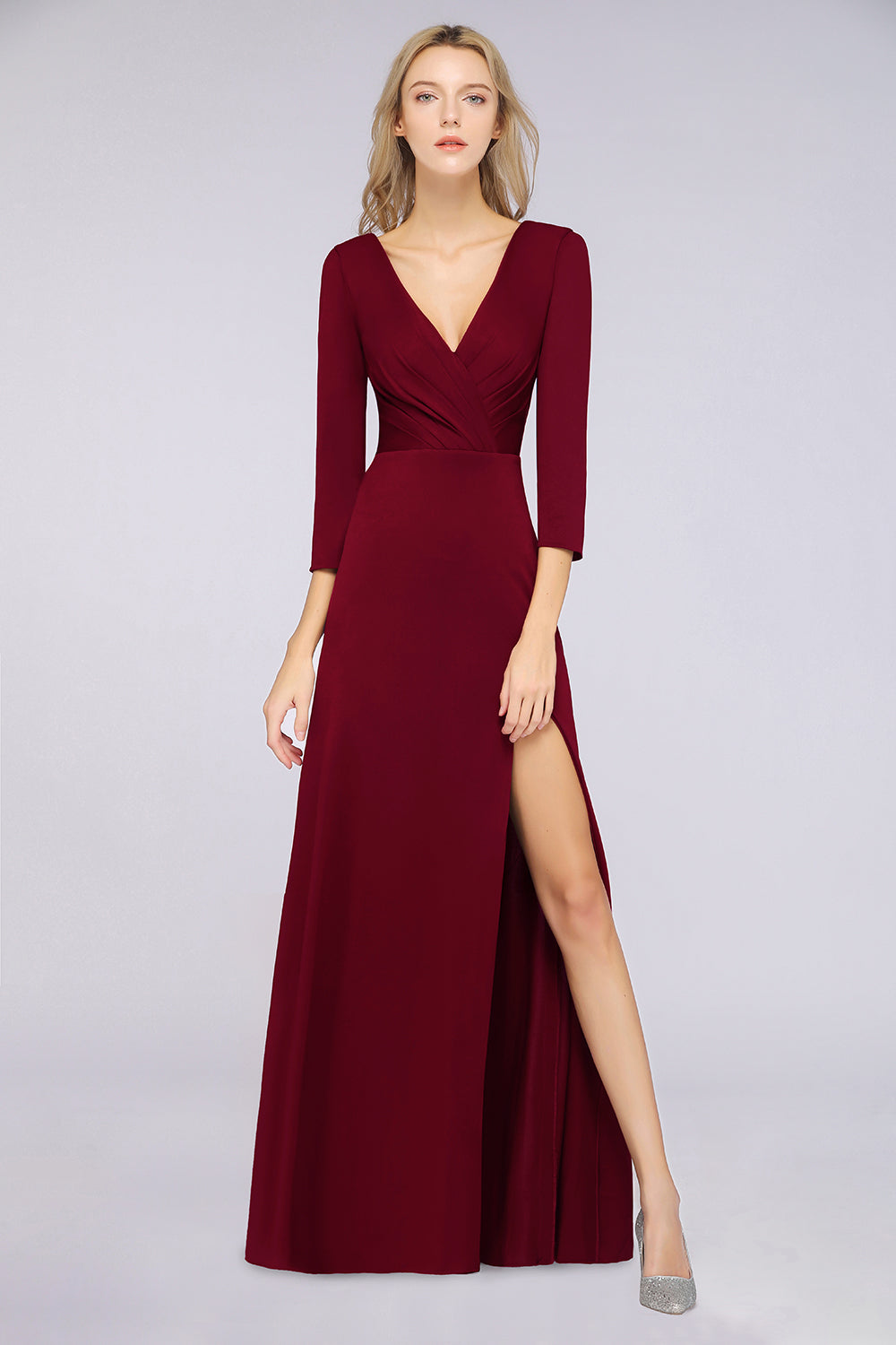 A-Line Spandex V-Neck Long-Sleeves Side-Slit Floor Length Bridesmaid Dress with Ruffles
