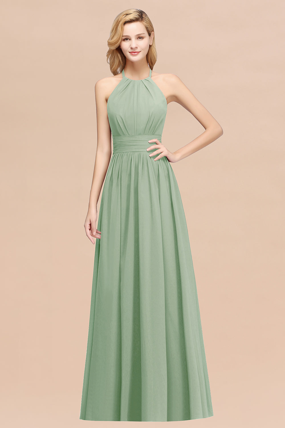 A-line Chiffon Appliques Halter Sleeveless Floor Length Bridesmaid Dresses with Ruffles