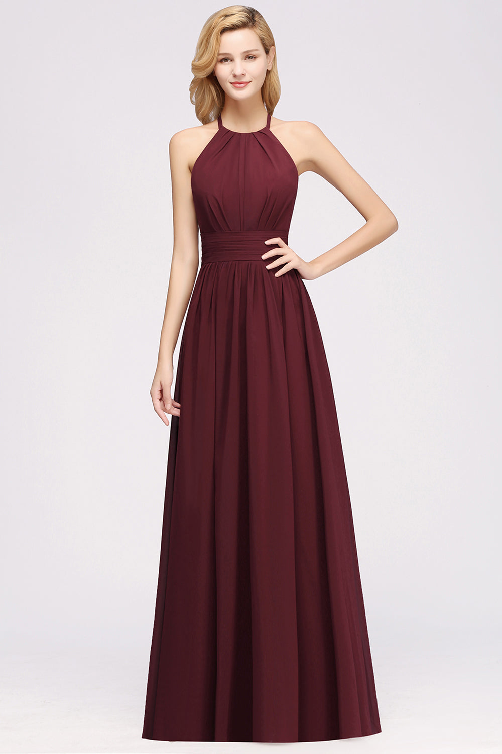 A-line Chiffon Appliques Halter Sleeveless Floor Length Bridesmaid Dresses with Ruffles