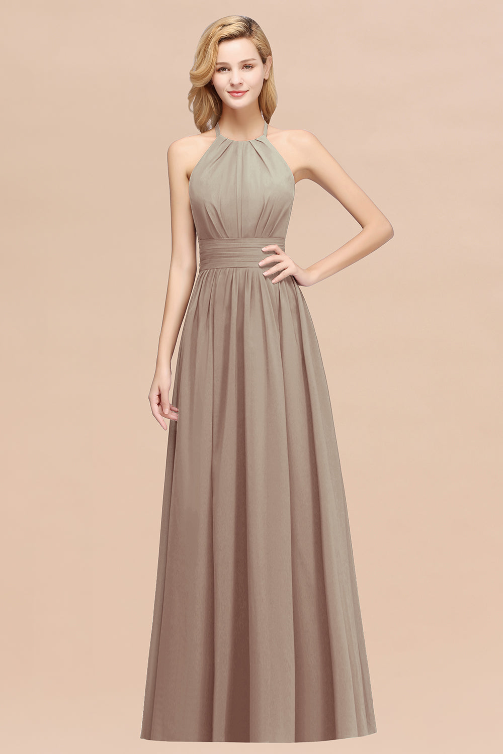 A-line Chiffon Appliques Halter Sleeveless Floor Length Bridesmaid Dresses with Ruffles