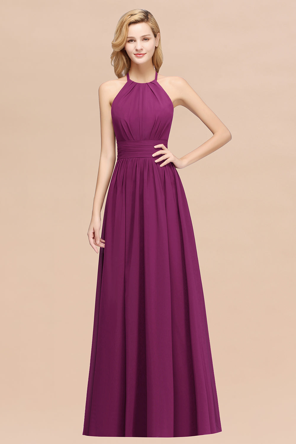 A-line Chiffon Appliques Halter Sleeveless Floor Length Bridesmaid Dresses with Ruffles