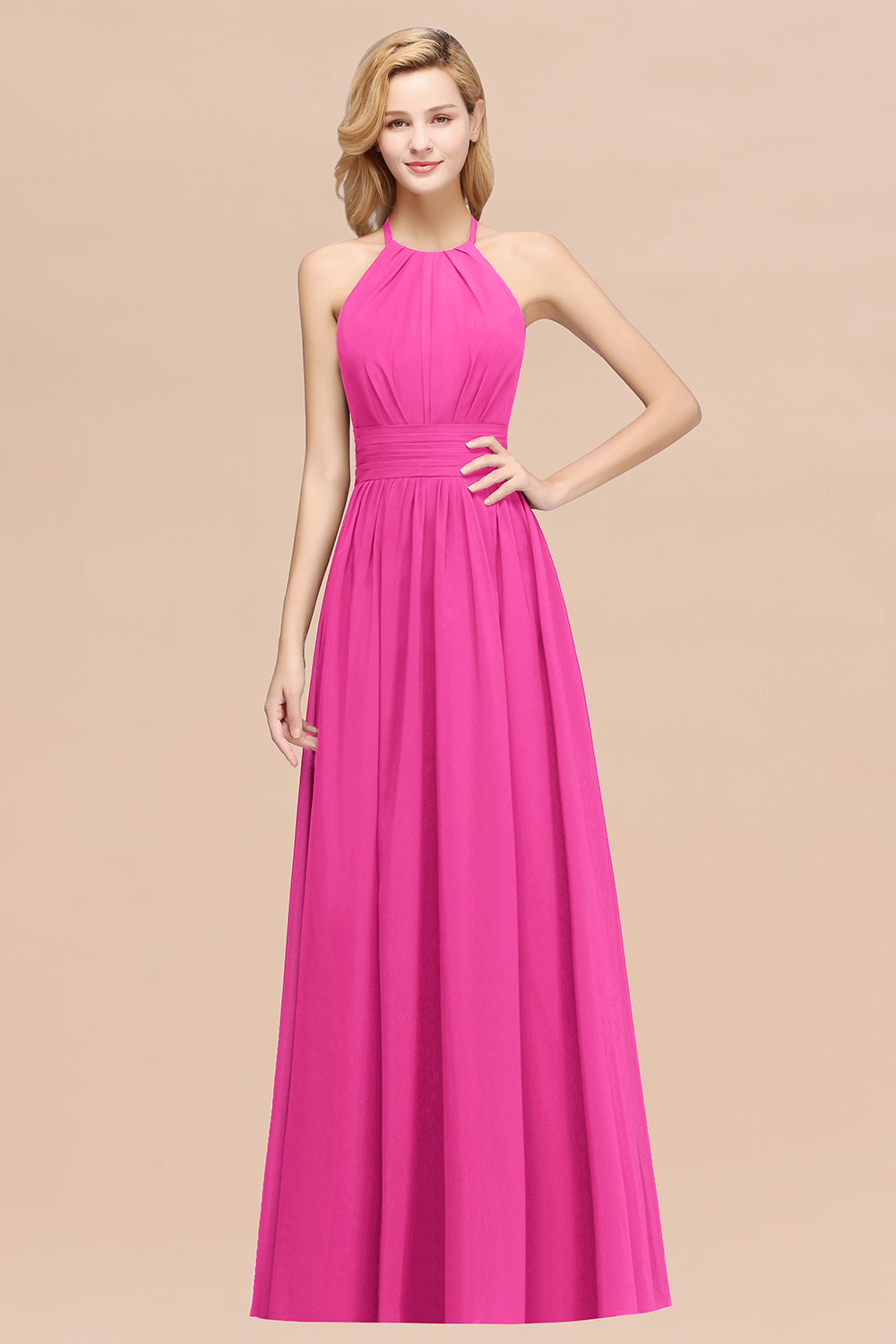 A-line Chiffon Appliques Halter Sleeveless Floor Length Bridesmaid Dresses with Ruffles