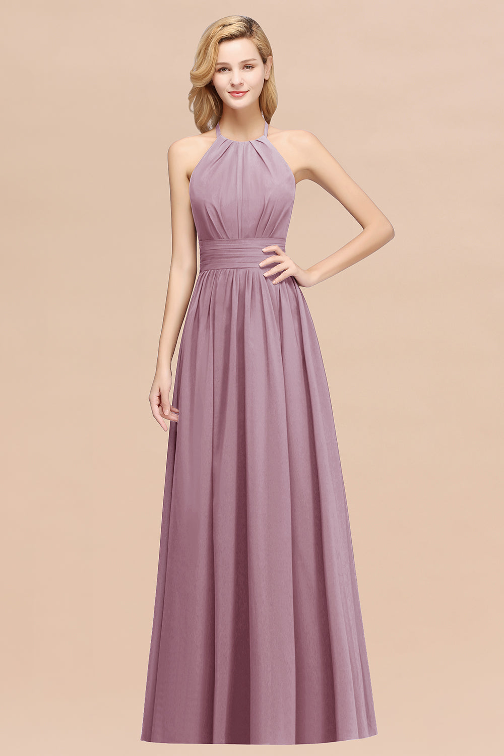 A-line Chiffon Appliques Halter Sleeveless Floor Length Bridesmaid Dresses with Ruffles