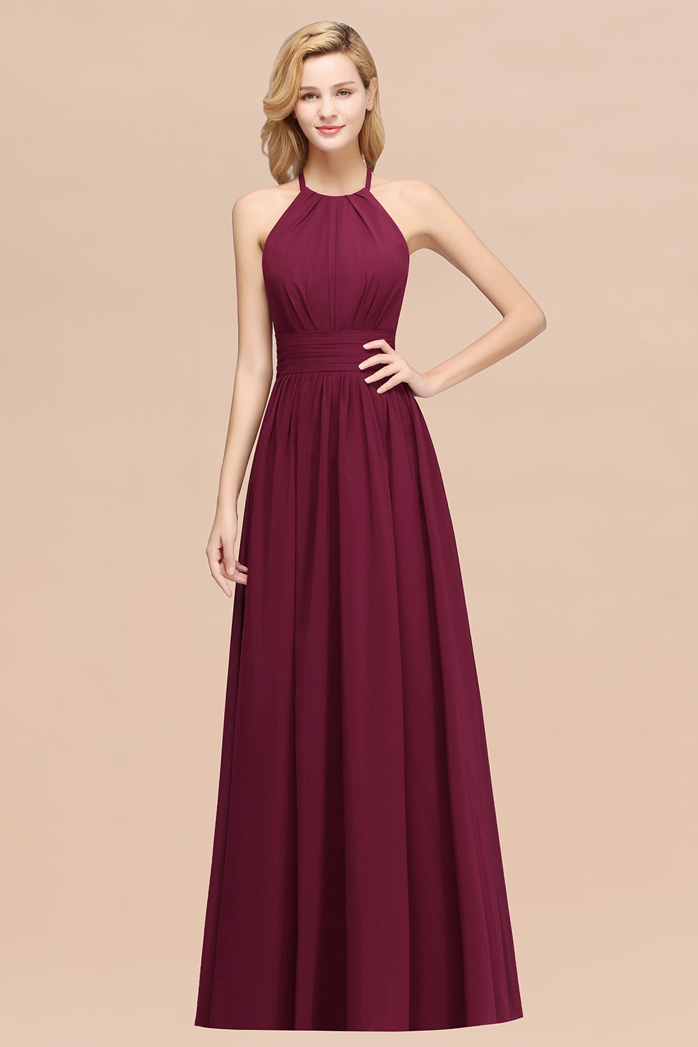 A-line Chiffon Appliques Halter Sleeveless Floor Length Bridesmaid Dresses with Ruffles
