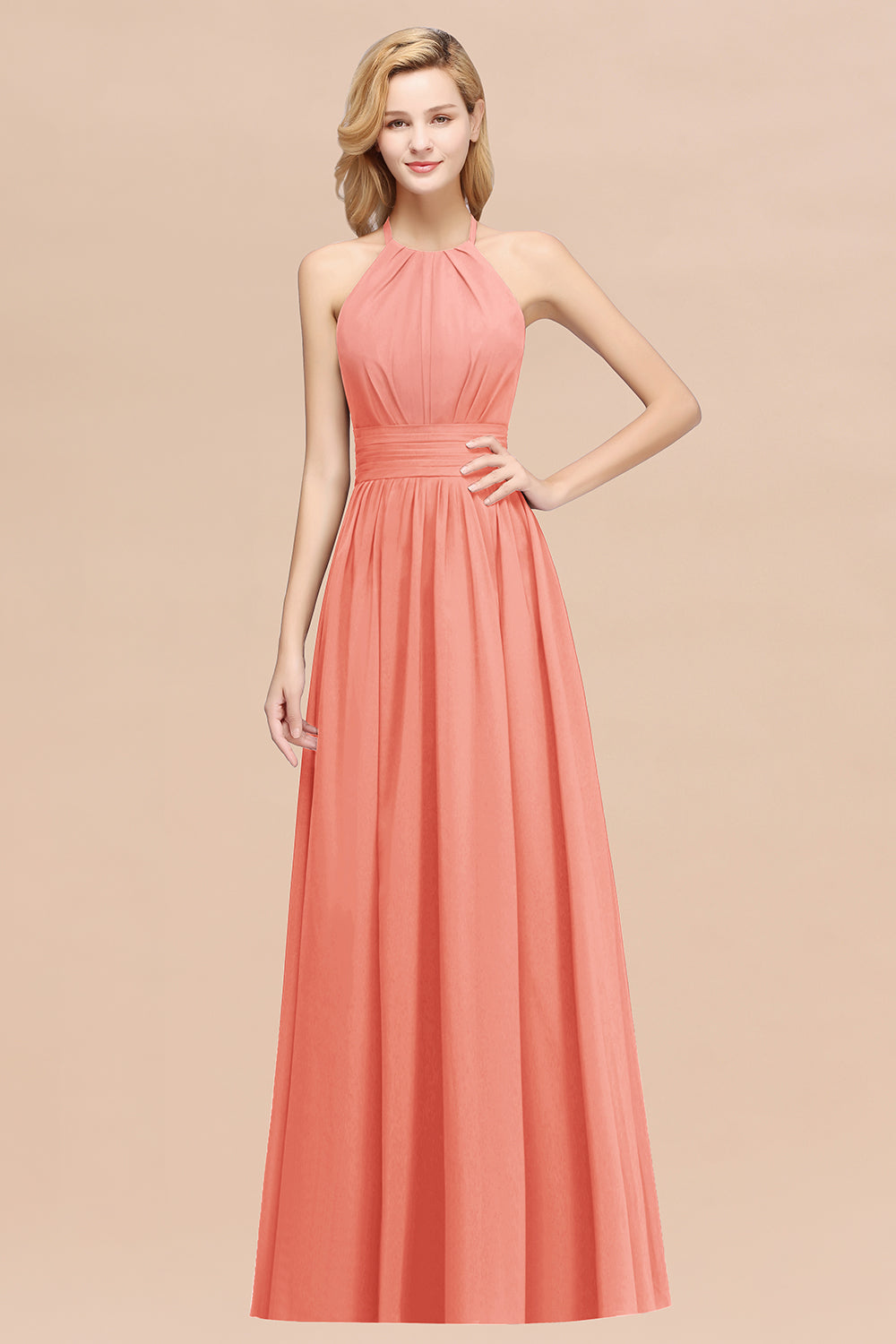 A-line Chiffon Appliques Halter Sleeveless Floor Length Bridesmaid Dresses with Ruffles