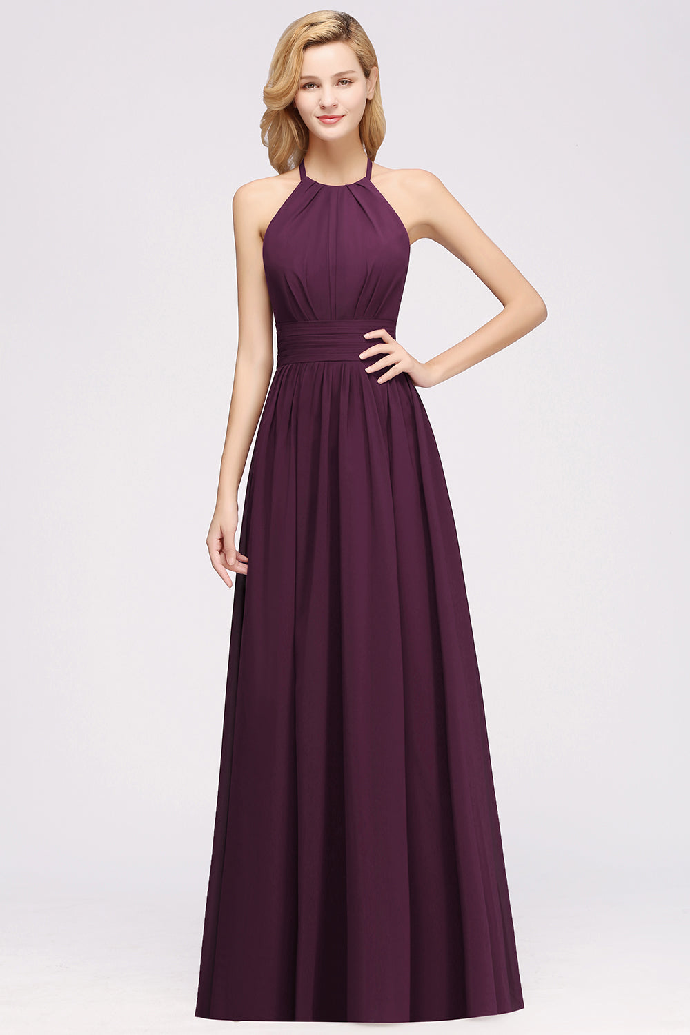 A-line Chiffon Appliques Halter Sleeveless Floor Length Bridesmaid Dresses with Ruffles