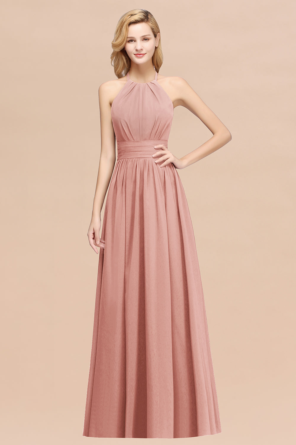 A-line Chiffon Appliques Halter Sleeveless Floor Length Bridesmaid Dresses with Ruffles