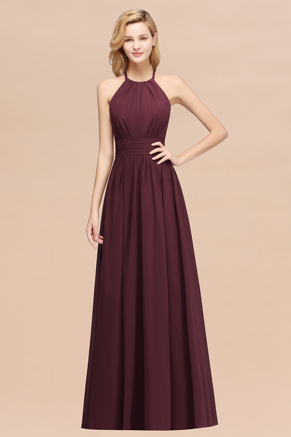 A-line Chiffon Appliques Halter Sleeveless Floor Length Bridesmaid Dresses with Ruffles