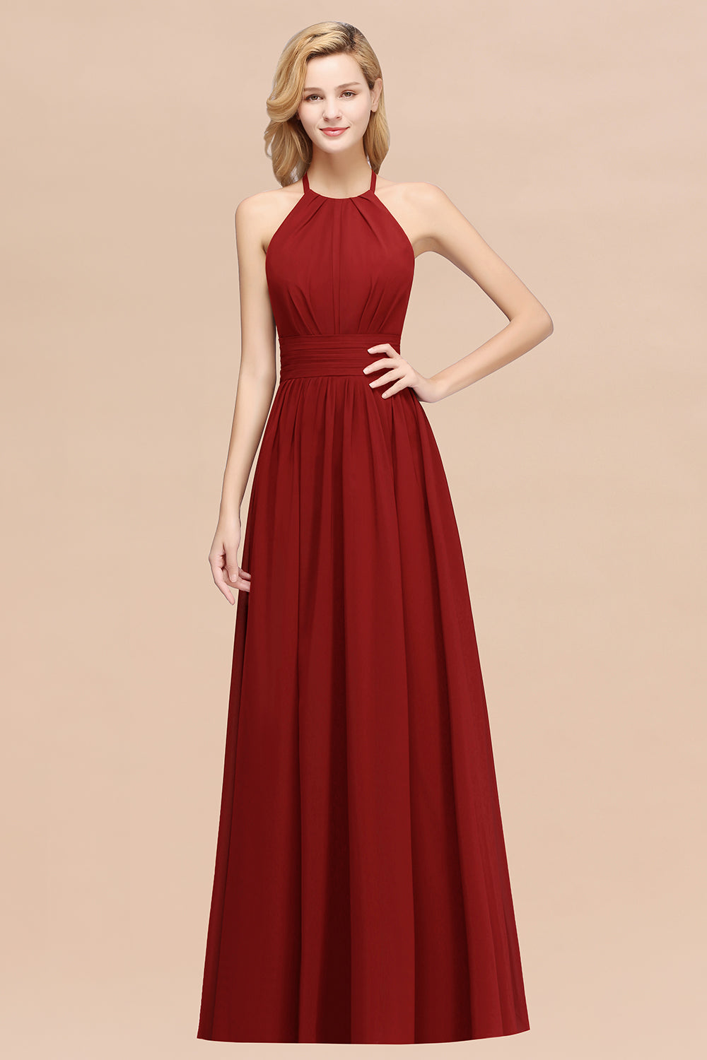 A-line Chiffon Appliques Halter Sleeveless Floor Length Bridesmaid Dresses with Ruffles