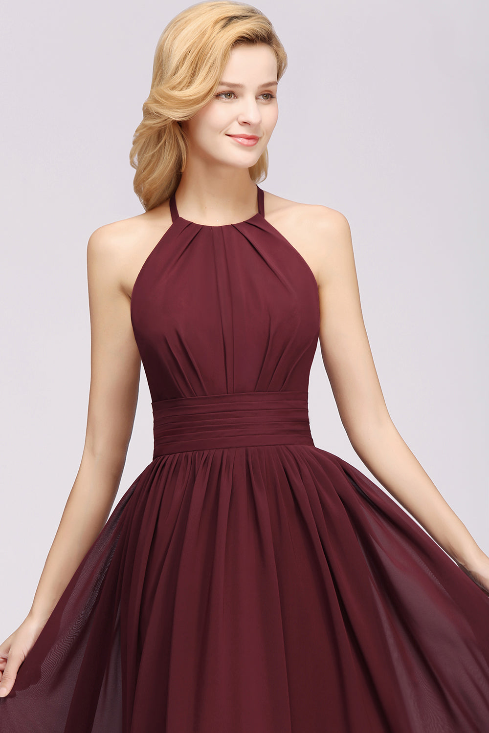 A-line Chiffon Appliques Halter Sleeveless Floor Length Bridesmaid Dresses with Ruffles