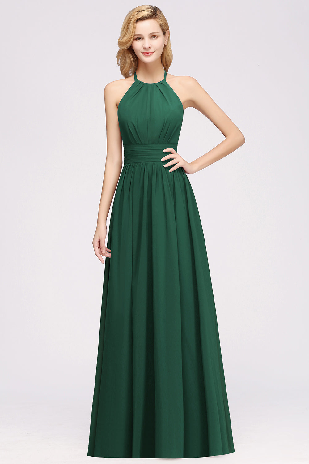 A-line Chiffon Appliques Halter Sleeveless Floor Length Bridesmaid Dresses with Ruffles
