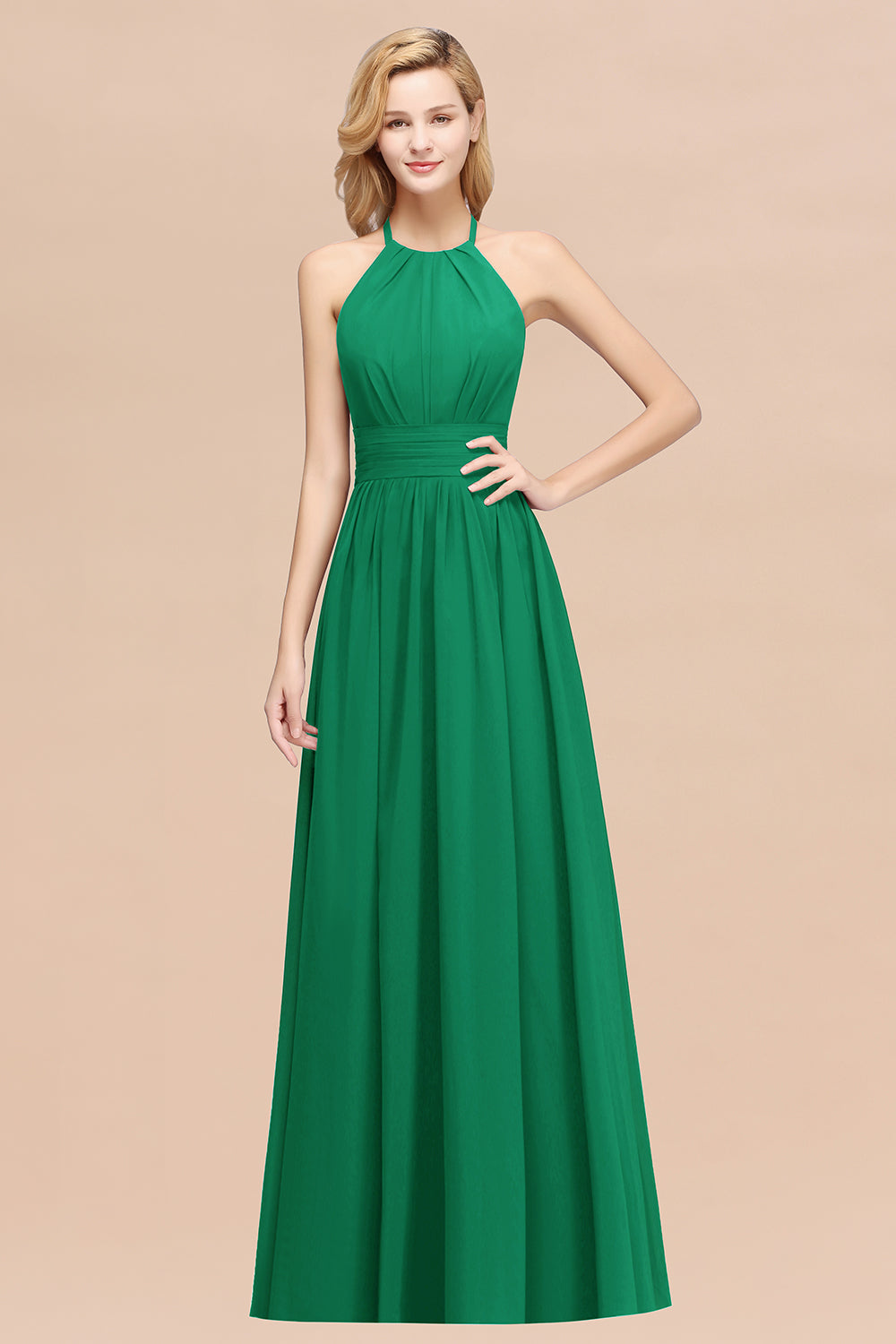 A-line Chiffon Appliques Halter Sleeveless Floor Length Bridesmaid Dresses with Ruffles