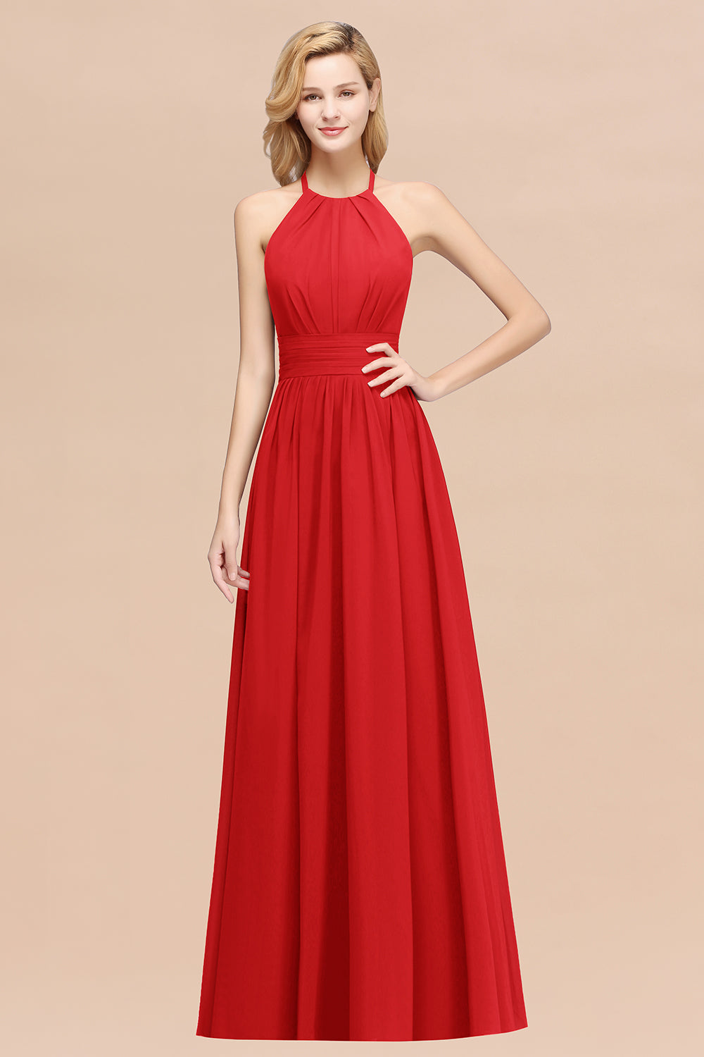 A-line Chiffon Appliques Halter Sleeveless Floor Length Bridesmaid Dresses with Ruffles