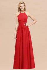 A-line Chiffon Appliques Halter Sleeveless Floor Length Bridesmaid Dresses with Ruffles