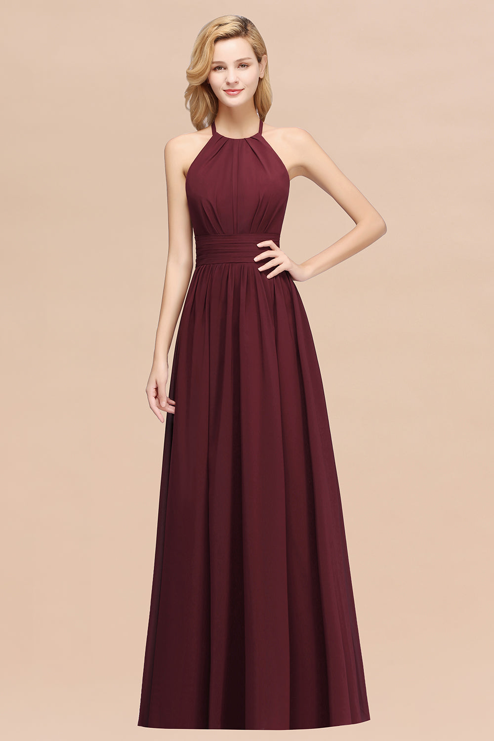 A-line Chiffon Appliques Halter Sleeveless Floor Length Bridesmaid Dresses with Ruffles