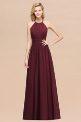 A-line Chiffon Appliques Halter Sleeveless Floor Length Bridesmaid Dresses with Ruffles