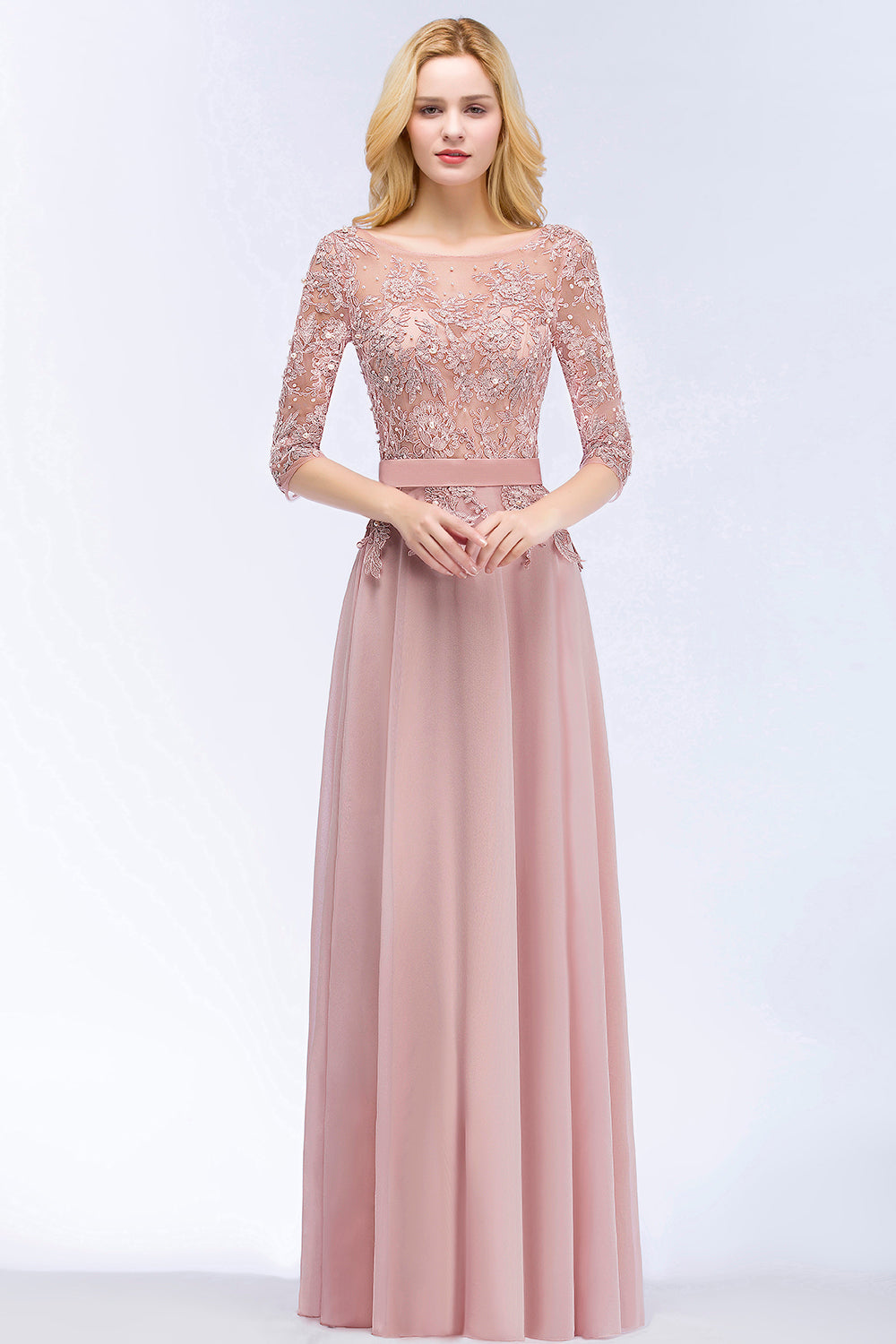 A-line Chiffon Appliques Jewel Half Sleeves Floor Length Bridesmaid Dresses with Sash