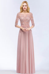 A-line Chiffon Appliques Jewel Half Sleeves Floor Length Bridesmaid Dresses with Sash