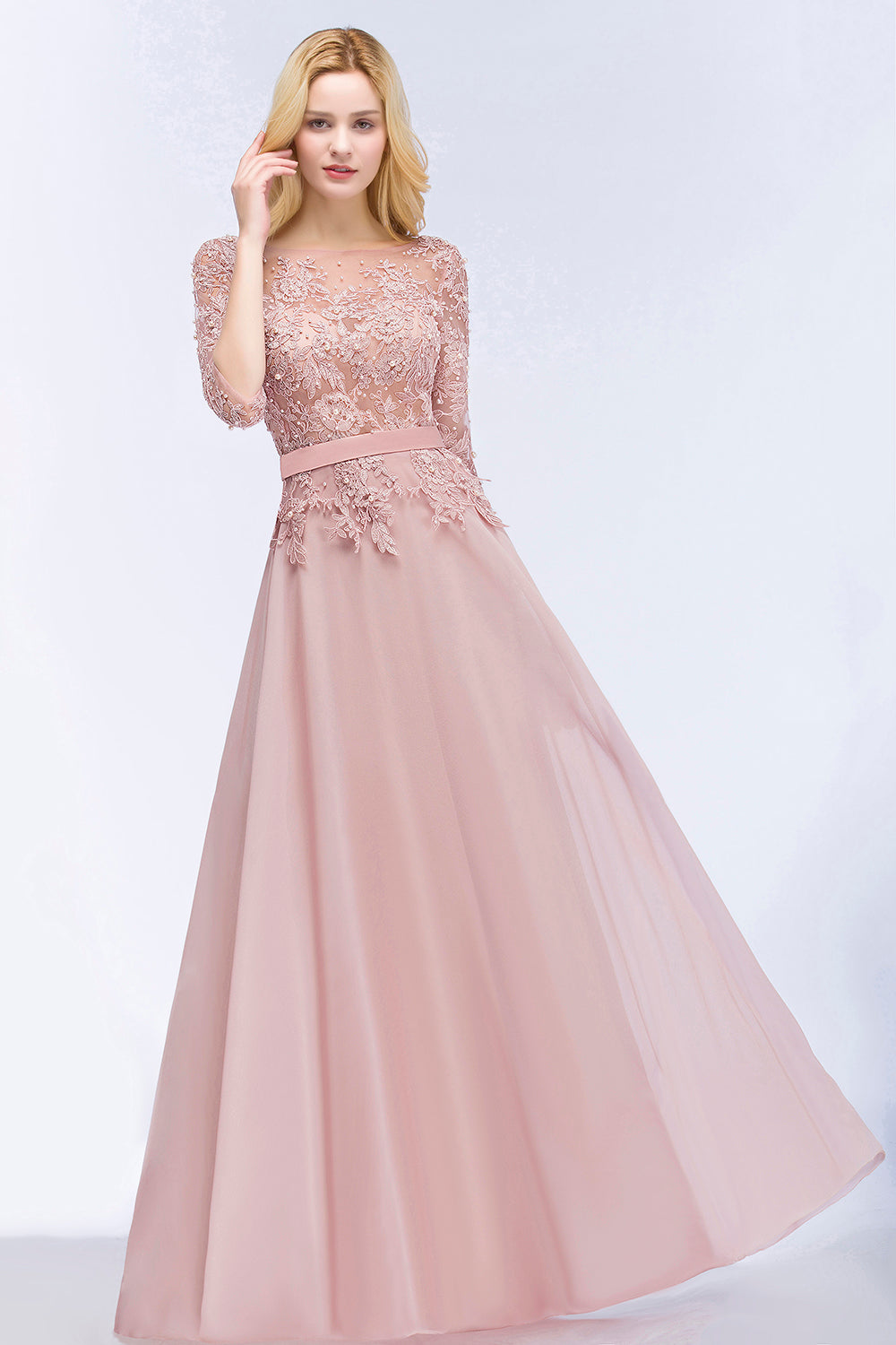 A-line Chiffon Appliques Jewel Half Sleeves Floor Length Bridesmaid Dresses with Sash