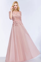 A-line Chiffon Appliques Jewel Half Sleeves Floor Length Bridesmaid Dresses with Sash